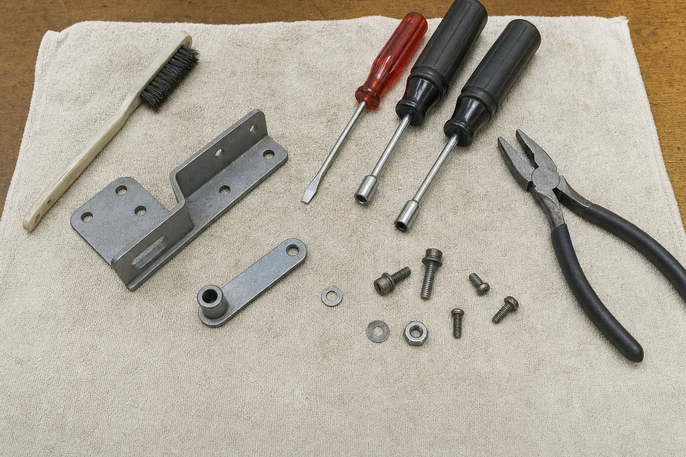 Wire brush, screwdrivers, nut drivers and pliers laid on a towel beside two steel brackets, screws and nuts