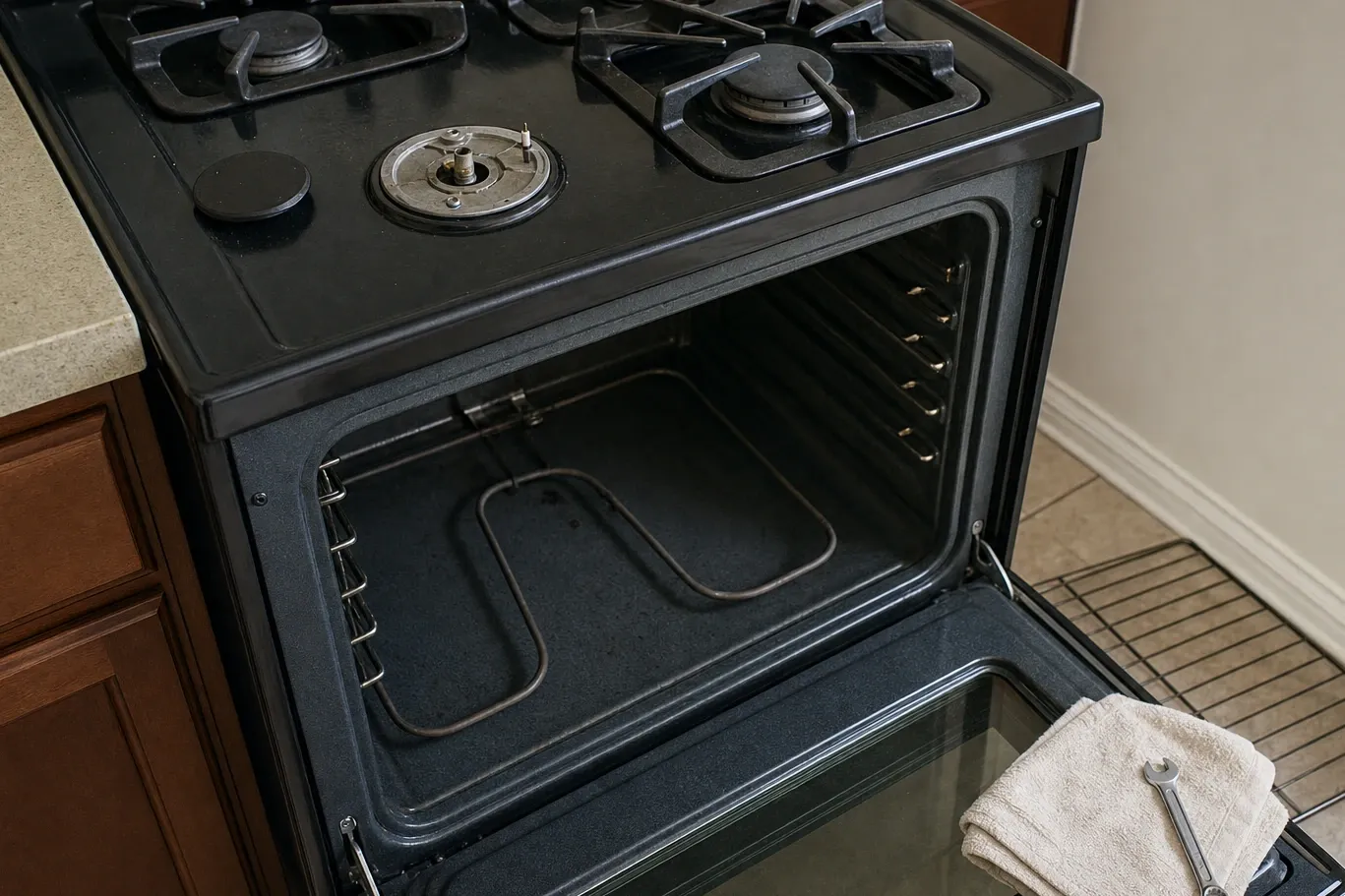 Black gas range with the oven door down and the bake element exposed across the floor of the cavity, one burner cap lifted off