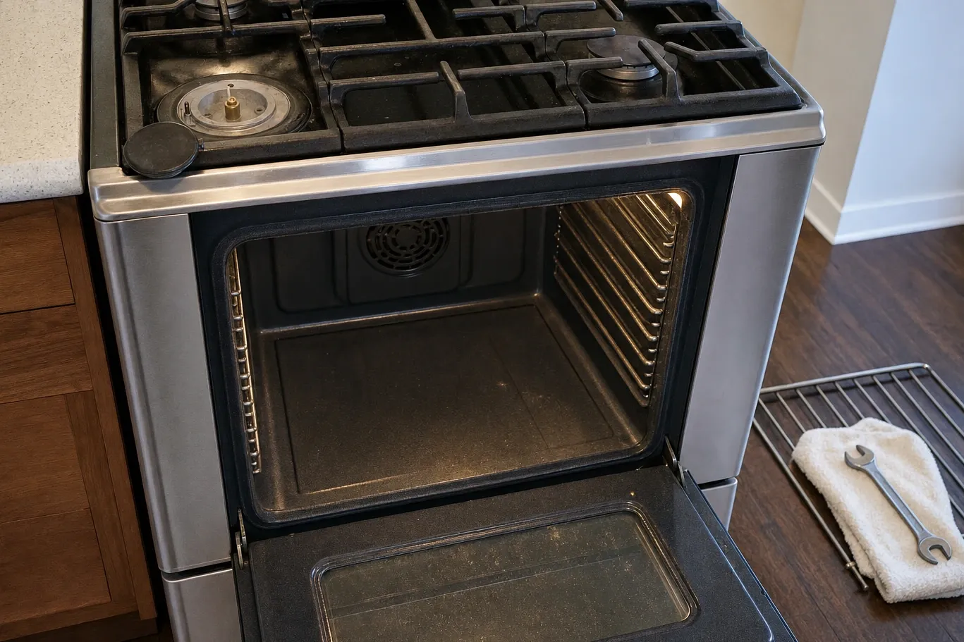 Stainless slide-in range in a dark-wood kitchen, oven door open on an empty cavity with the convection fan cover at the back