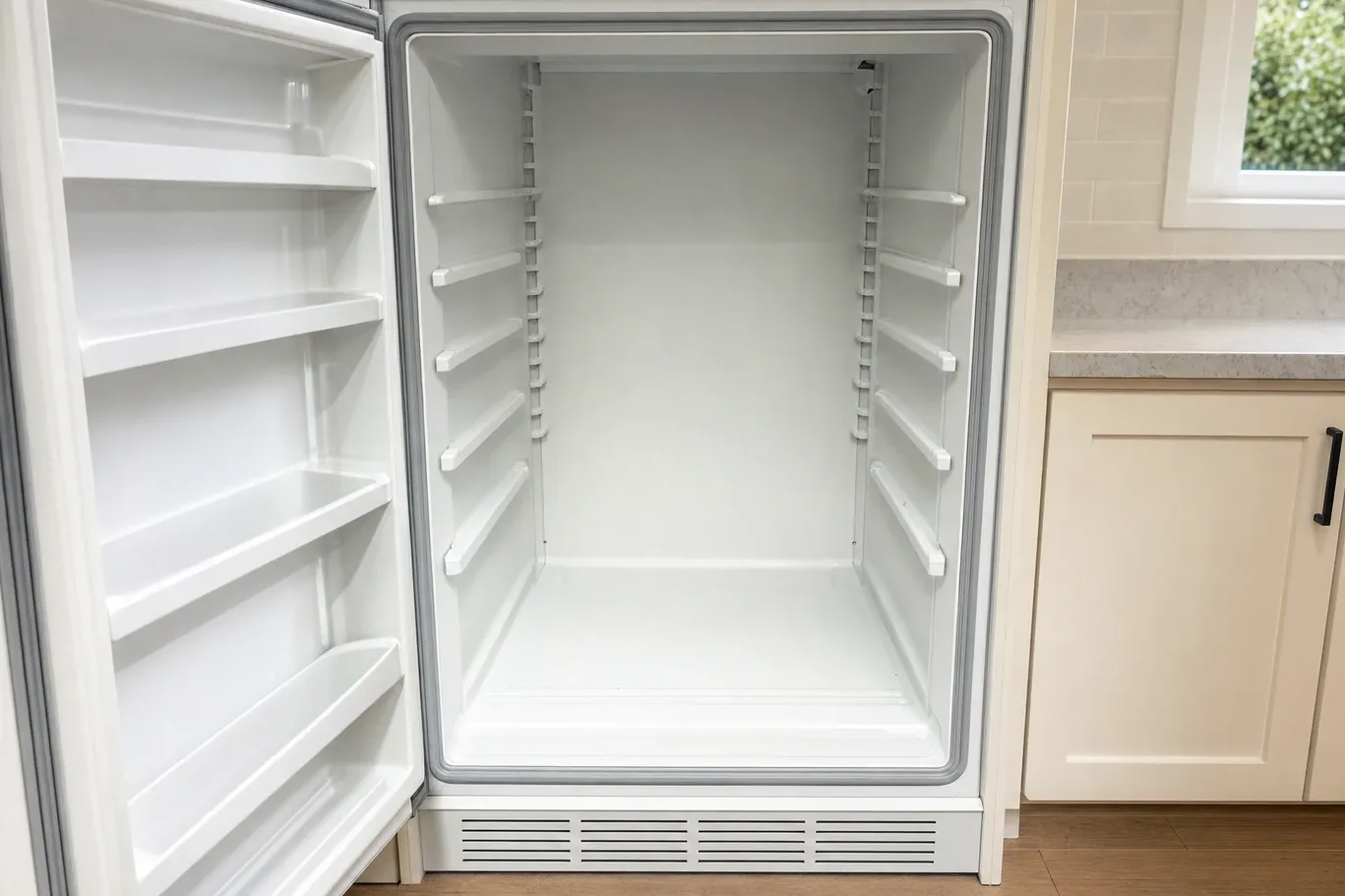 Tall built-in refrigerator column standing open and empty, shelf rails and door bins bare, vent grille along the base